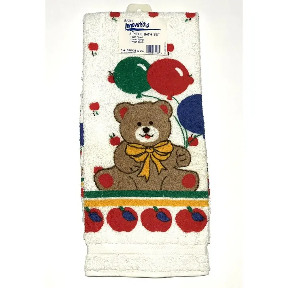 Vintage Childrens Kids Bath Towel Set Balloons Bear Apples Bathroom NWT 3pcs